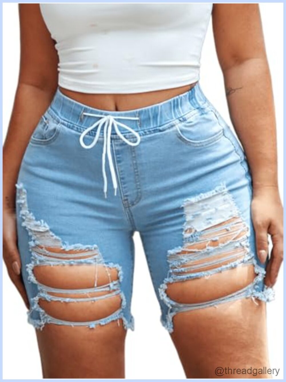 Ripped Denim Shorts Women Drawstring Elastic Waist Stretchy Frayed Jean Shorts